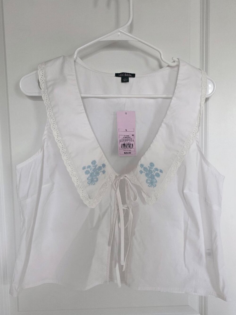 Wild Fable White with Blue Embroidered Cottagecore Tie Tank Top - Size Large